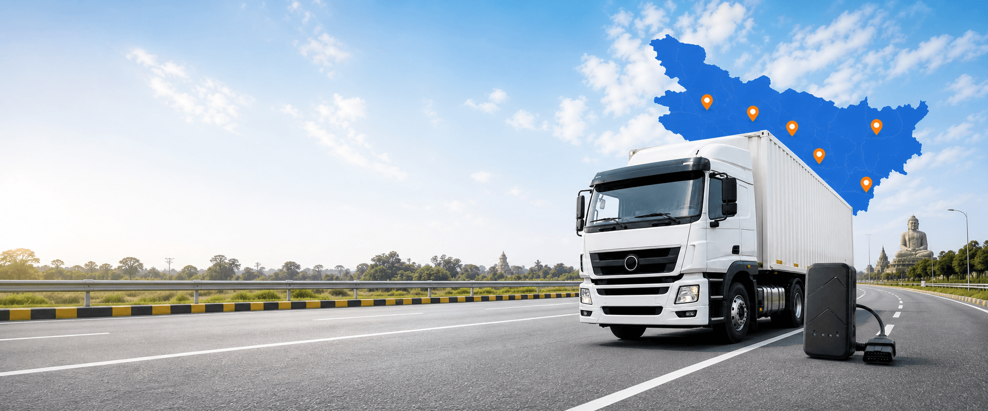 AIS-140 GPS tracking truck, Bihar service map and GPS device on a highway